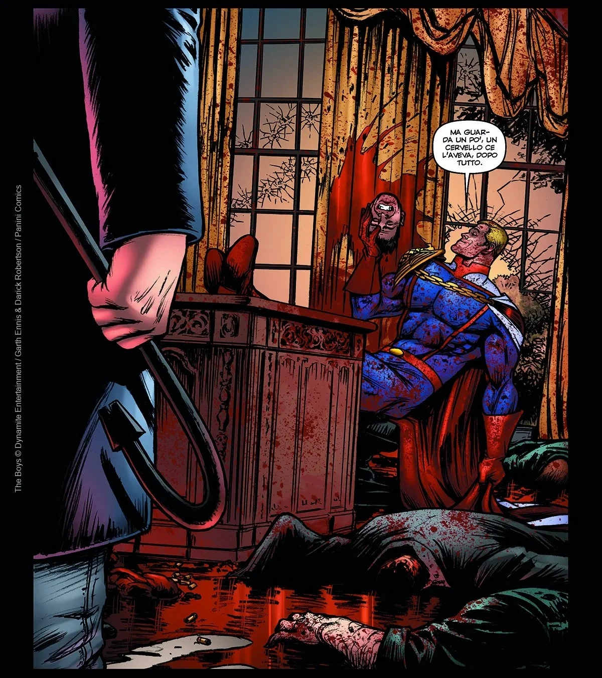 Tavola del fumetto The Boys in cui Billy Butcher affronta Patriota